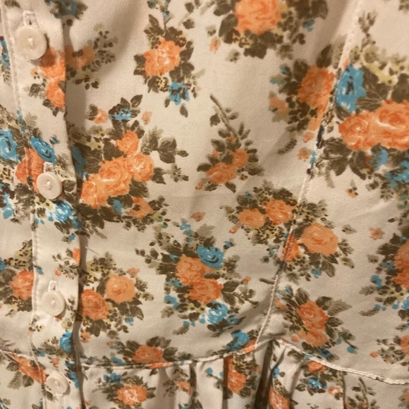 Forever 21 Small Floral Baby Doll Mini Dress Pleated Skirt Pockets Orange Beige - Picture 4 of 9